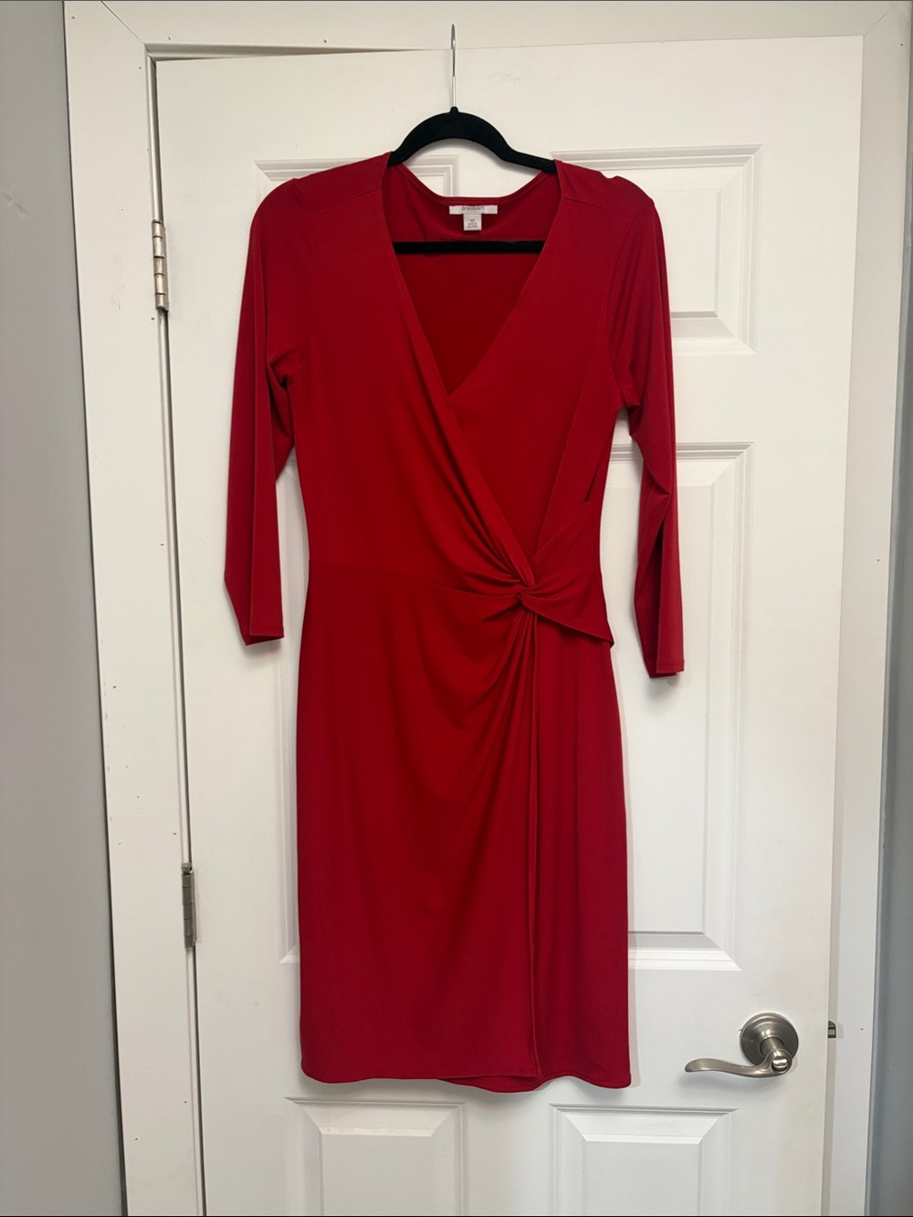 Dress Barn Red Knot-Detail Faux-Wrap 3/4 Sleeve Dress